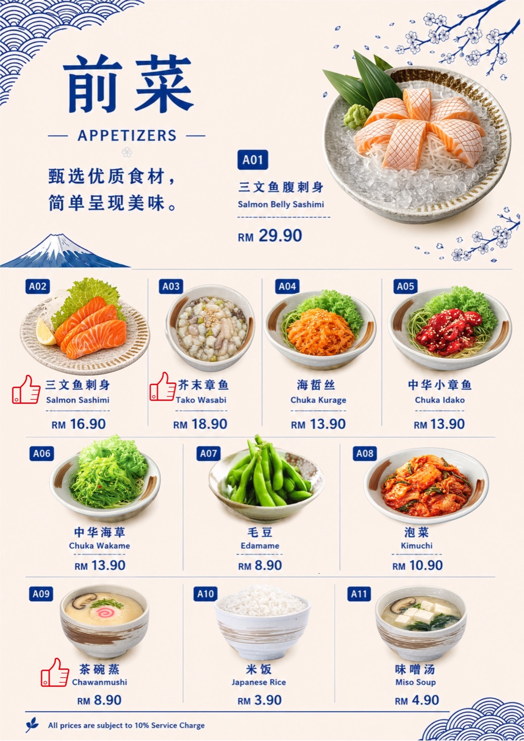 Appetizers menu with sashimi, edamame, kimuchi, rice and soup