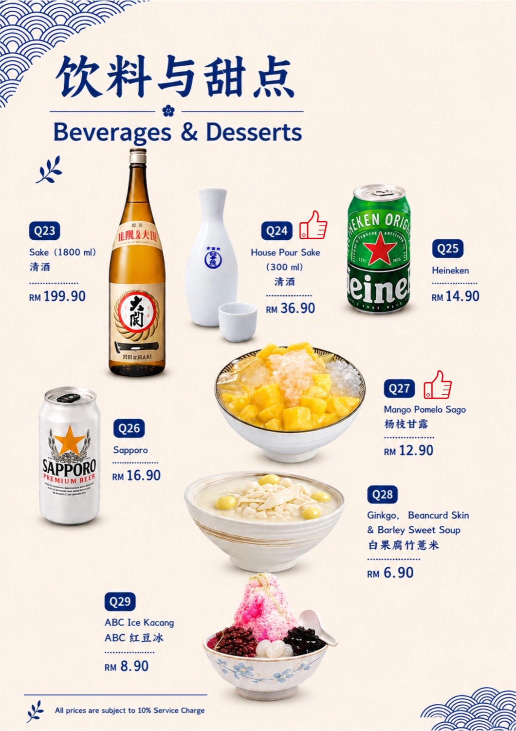 Beverages and desserts menu